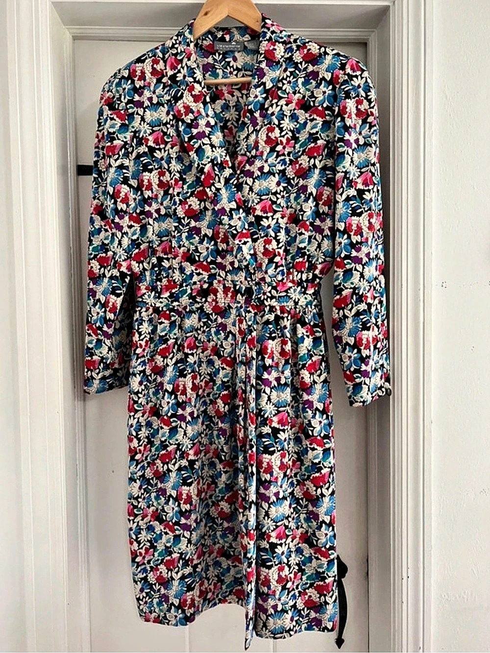 Vintage Liz Claiborne Floral Midi Dress in Black & Blue Size 14